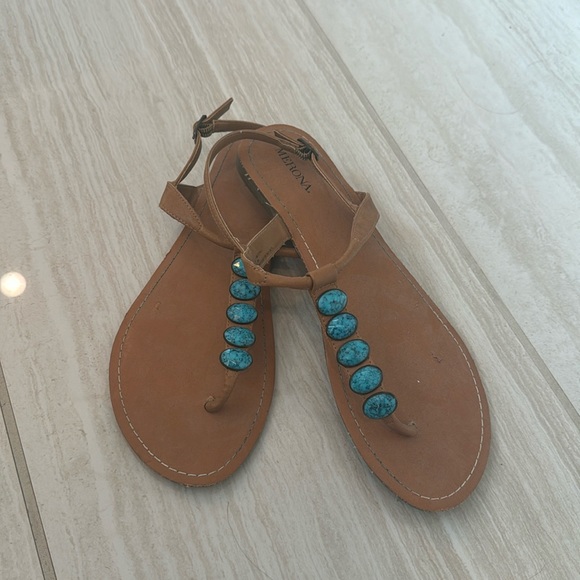 Flat turquoise and tan sandals - Picture 1 of 1